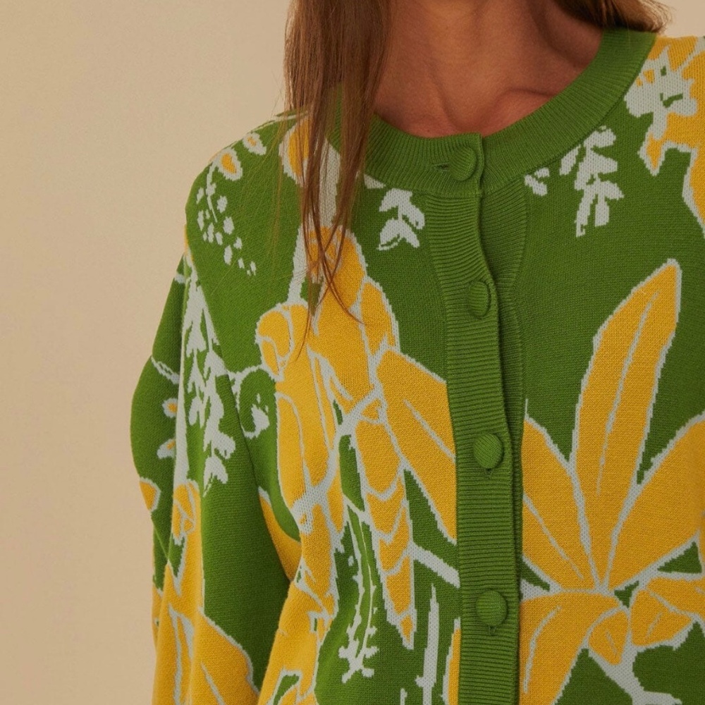 Green Foliage Sketch Knit Cardigan - Picture 4 of 7